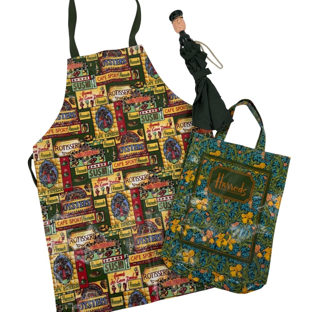 Vintage Harrods Bundle Apron Tote Bag Novelty Doorman Umbrella Green England UK